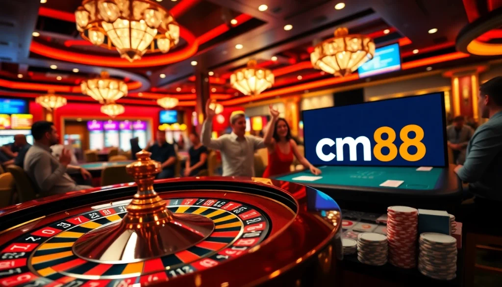 Experience the thrill of winning at cm88-inspired casino tables, showcasing vibrant chips and a roulette wheel.