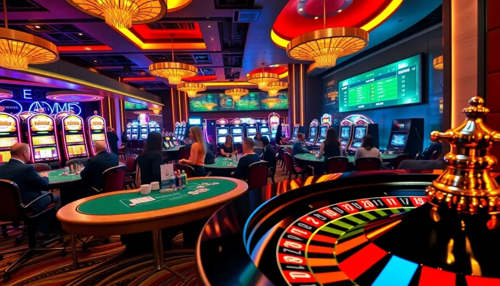 Exciting RR88 casino scene with players at poker tables and flashing slot machines.