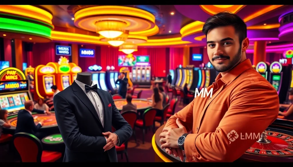 MM88 presents a lively casino scene with players and slot machines capturing the essence of online gambling excitement.