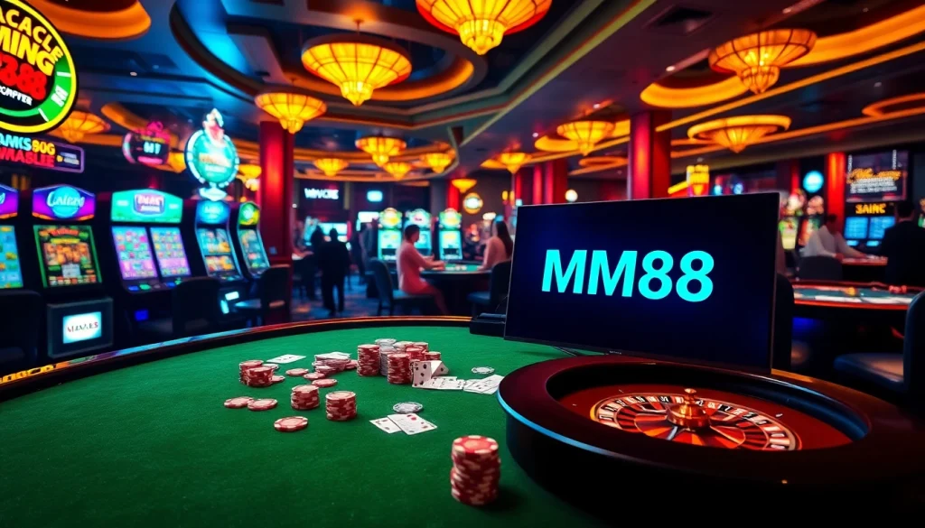 MM88 gaming table featuring players enjoying classic casino games and vibrant slot machines.