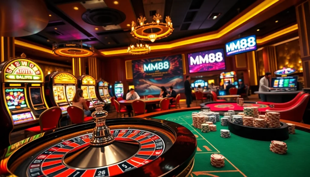 Exciting MM88 casino scene featuring vibrant roulette, poker, and slot machines for gamblers.