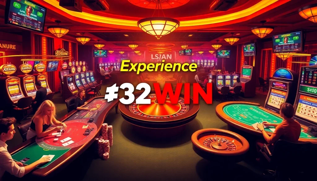 Players enjoying the excitement of gambling at 32WIN casino tables with lively slot machines in the background.