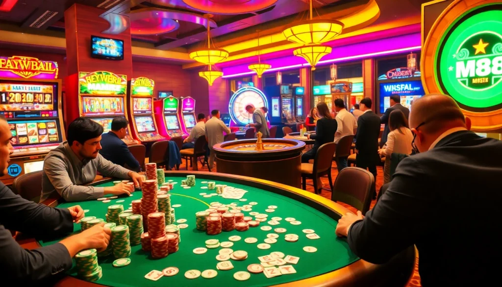 Experience the thrill of MM88 in this vibrant casino scene, showcasing poker, roulette, and slot machines.