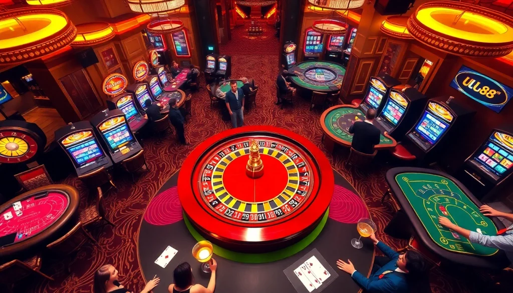 Experience the thrill of gaming at UU88 casino with vibrant tables, roulette wheels, and enthusiastic players.