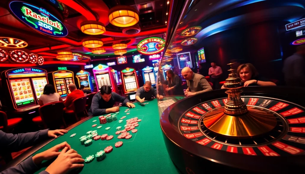 KJC casino players strategizing at a vibrant poker table, surrounded by colorful chips and slot machines.