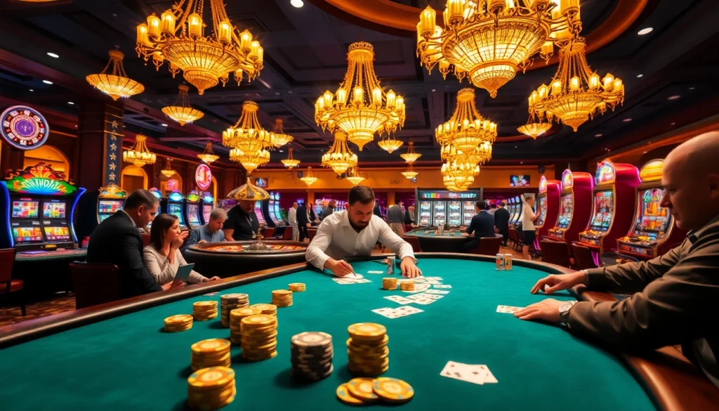 Players enjoying intense poker action at 888b casino table with vibrant atmosphere.