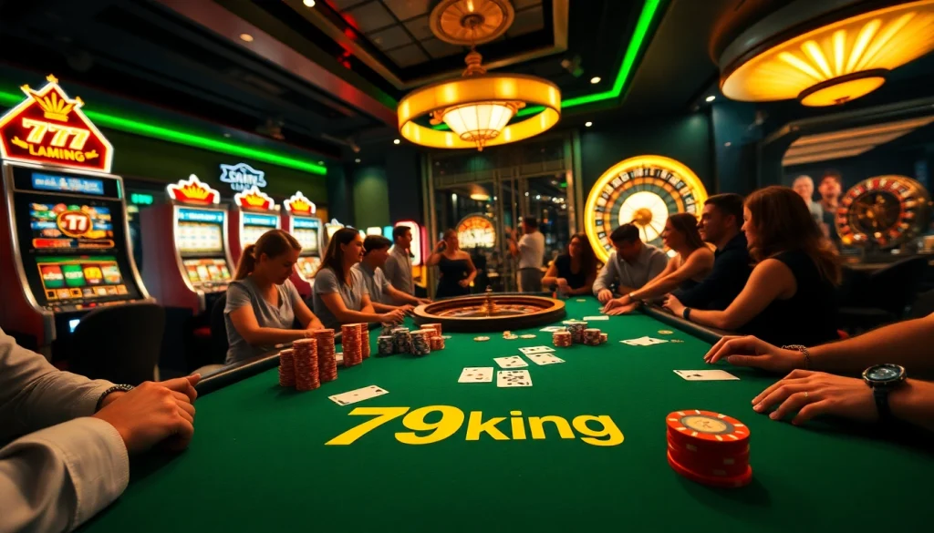 79king poker table bustling with excitement, players enjoying vibrant casino atmosphere filled with chips, cards, and engaging game dynamics.