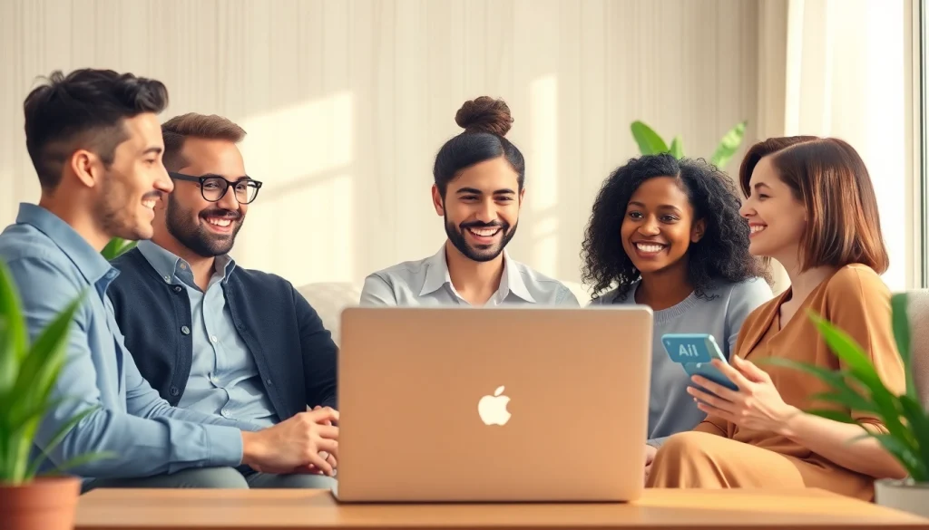 Engaging sex AI chat conversation among diverse adults showcasing modern tech in a warm setting.