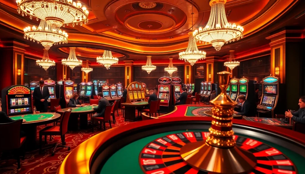 Exciting mm88 gaming atmosphere with players at a poker table and slot machines in a luxurious casino.