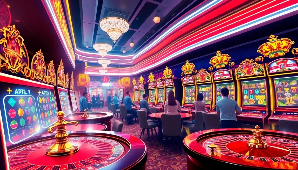 Players excitedly engaging with Nổ Hũ slot machines in a dazzling casino atmosphere, featuring vibrant colors and neon lights.