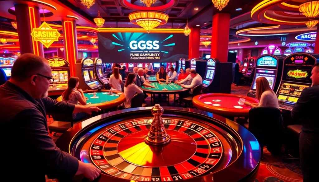 Exciting casino scene showcasing players at a roulette wheel and poker table, embodying thrilling gambling culture with GGSS branding.