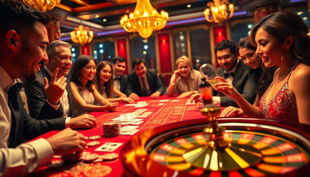 Players enjoy a thrilling game at a luxurious casino table representing tv88's vibrant gambling atmosphere.