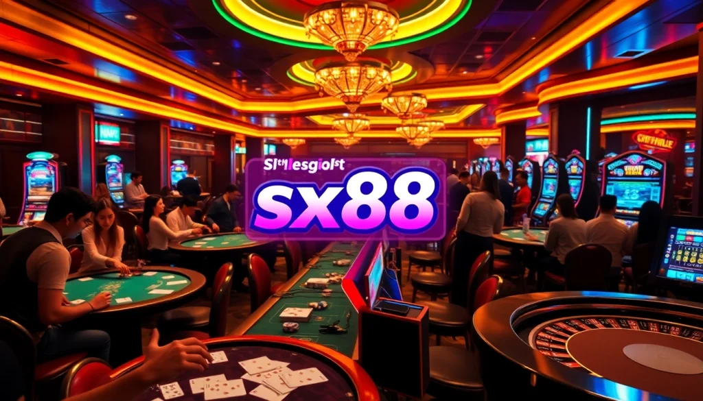 SX88-themed slot machine in a luxury casino filled with excited players engaged in various games.