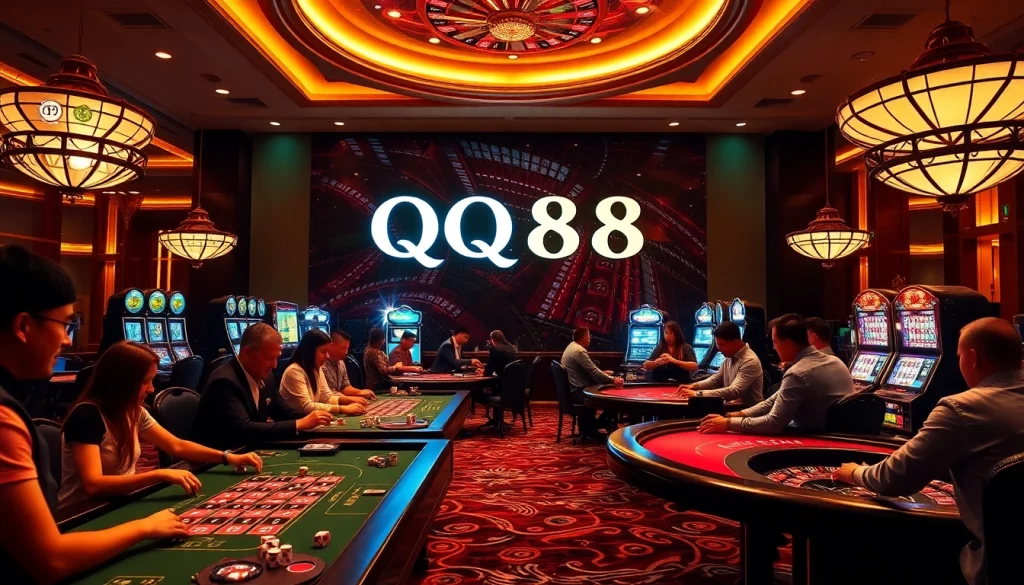 Players experiencing the thrill of casino games at QQ88, with vibrant tables and gaming excitement.