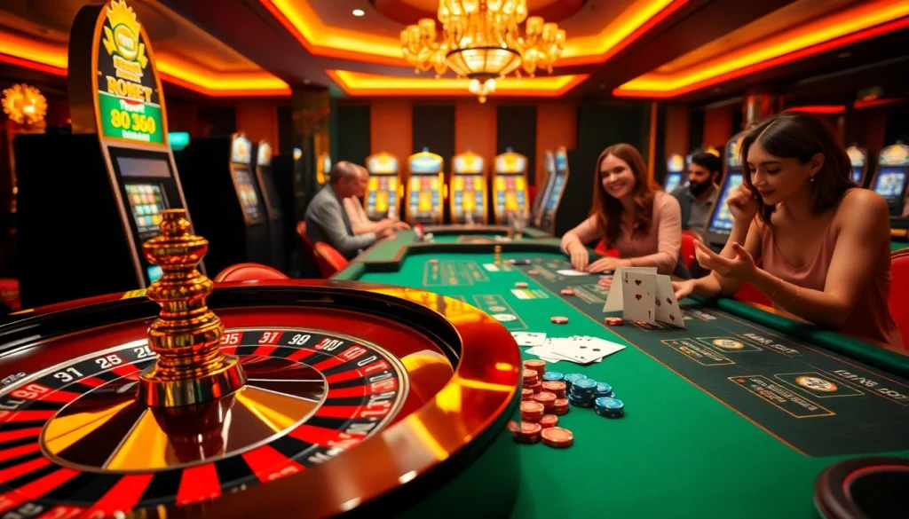 U888 vibrant casino scene with roulette wheel and excited players.