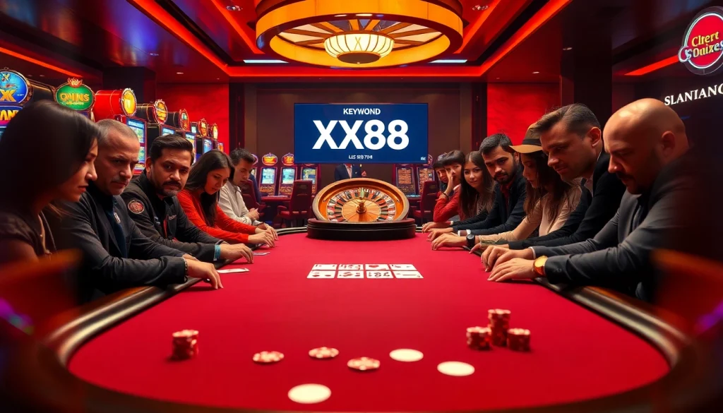 XX88 poker game featuring intense players, vibrant slot machines in a luxurious casino.