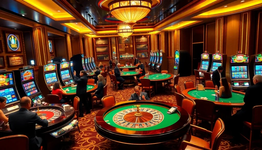 UU88 engages players in a vibrant casino atmosphere showcasing poker, roulette, and slot machines.