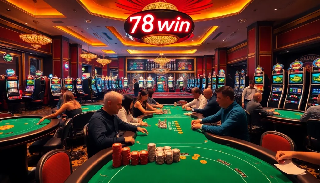 Exciting gaming action at https://78win.school/ featuring players engaged in high-stakes poker games with vibrant casino tables.