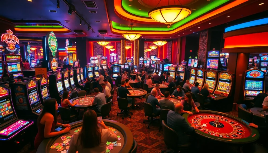 A captivating fun88 casino environment with players enjoying vibrant slot machines and poker tables.