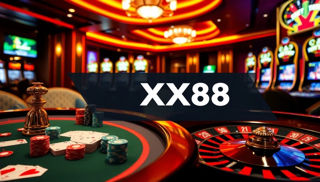 XX88 poker table with vibrant chips and cards in a luxurious casino setting.