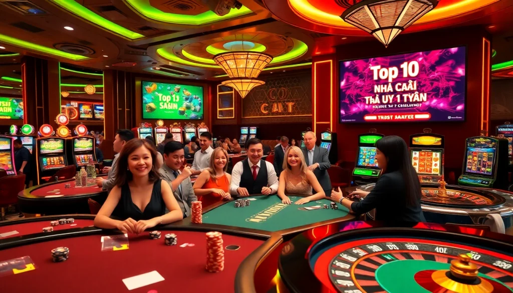 Scene depicting vibrant casino activities highlighting the top 10 nhà cái uy tín with players enjoying table games and slot machines.