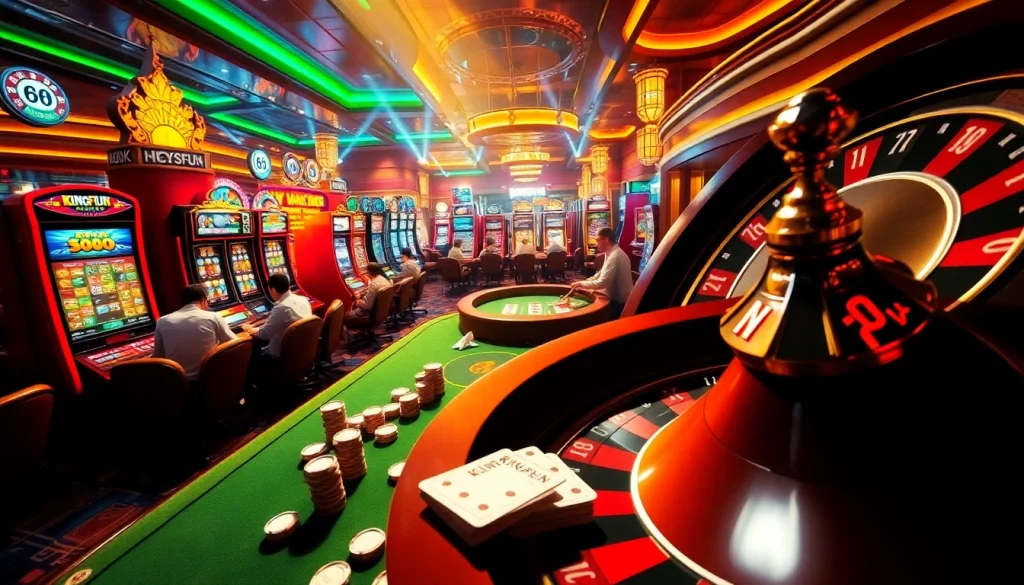 Experience the thrill of KINGFUN at a vibrant casino, showcasing players at poker tables, slot machines, and a spinning roulette wheel.