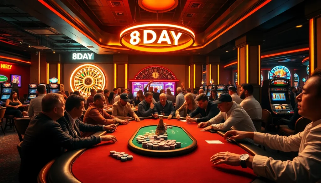 Experience the excitement of 8DAY at our vibrant casino with gamers at the poker table and spinning roulette wheel.