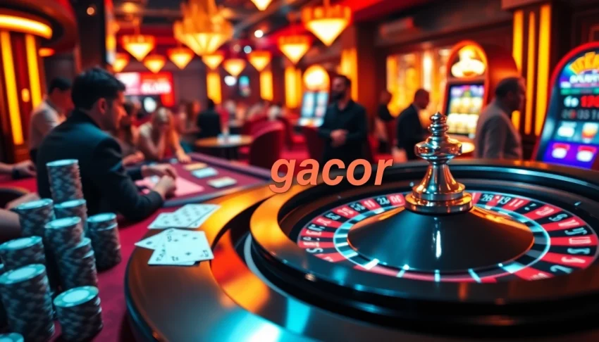 Experience the thrill of gacor123 at a vibrant casino table with players and flashing lights.